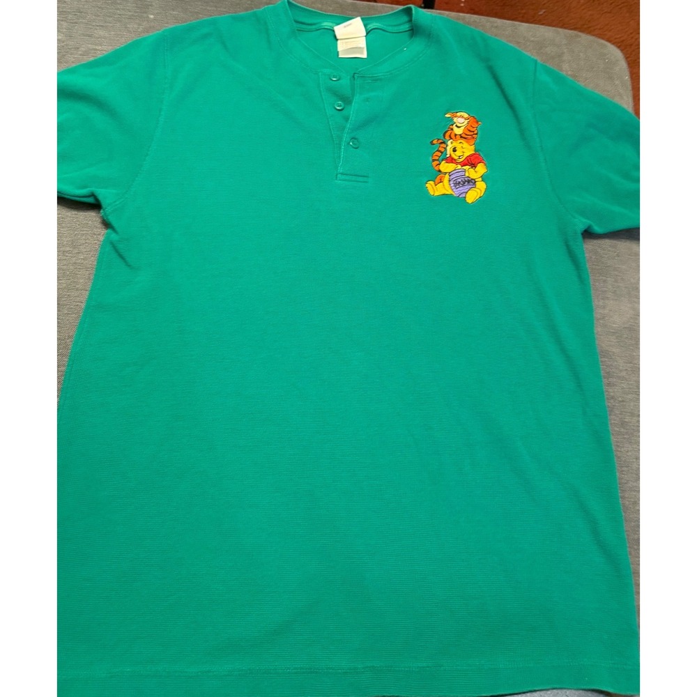 Vintage Disney Store Winnie the Pooh Tigger Henley Shirt Green Waffle Knit Men M